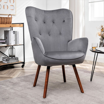 Mid-Century Modern Button-Tufted Wingback Chair with Solid Wood Legs