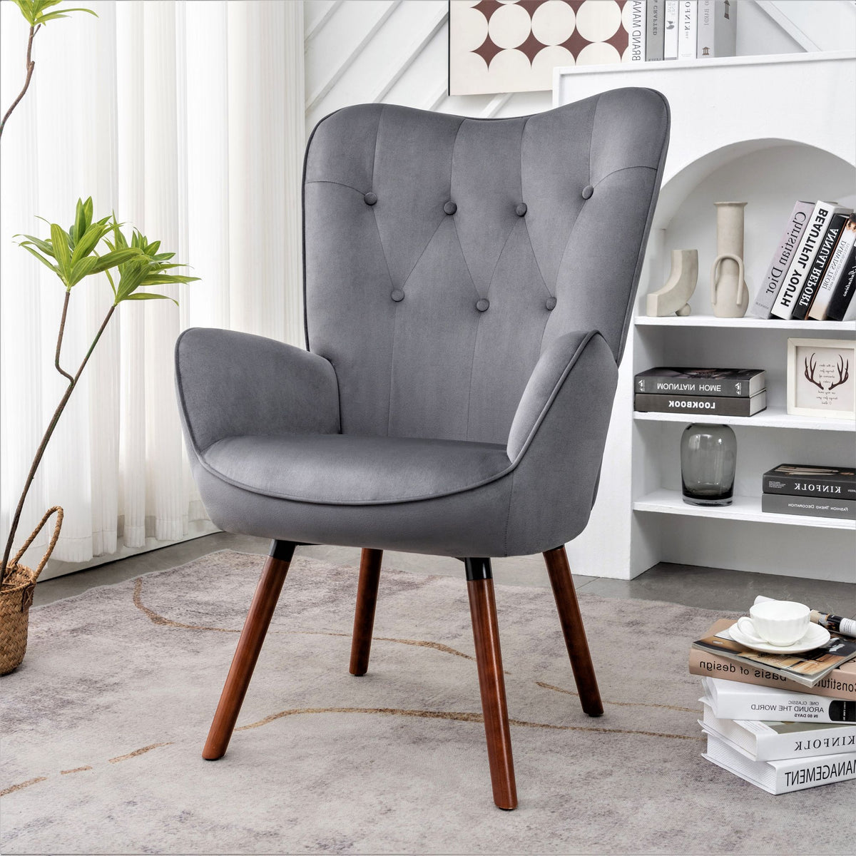 Mid-Century Modern Button-Tufted Wingback Chair with Solid Wood Legs