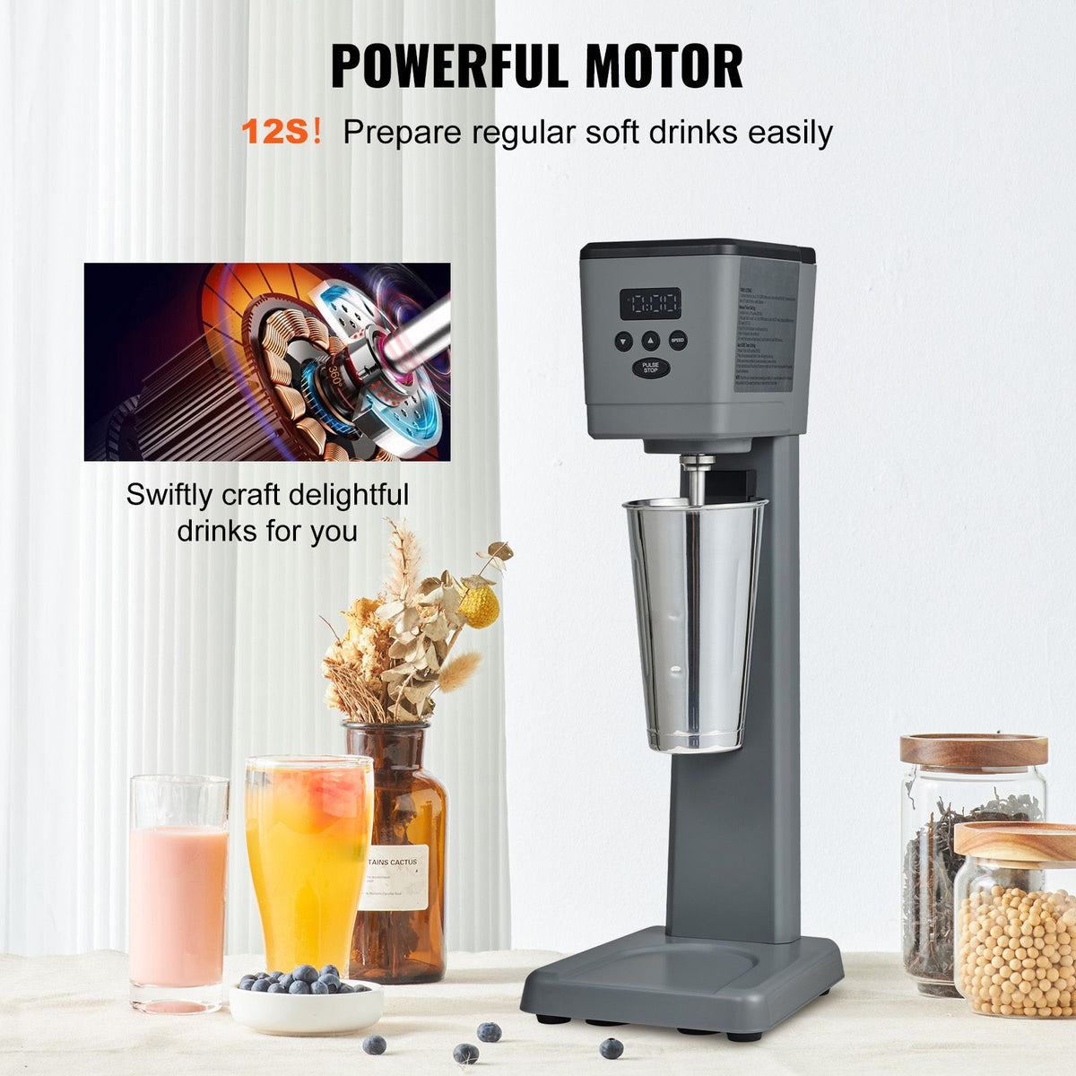 Fast 12-Second Electric Milkshake Maker with 3 Speeds and Intelligent Sensing