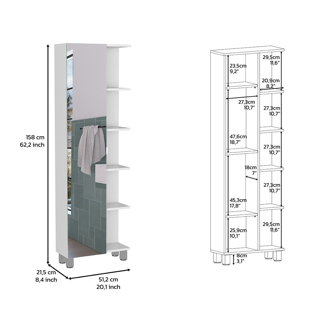 62- Tall Bathroom Cabinet with Mirrored Door and Adjustable Shelves