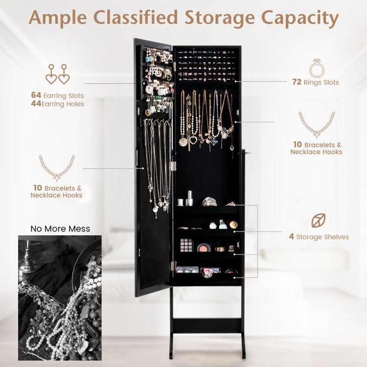 Mirrored Jewelry Cabinet with Full-Length Mirror and Ample Storage