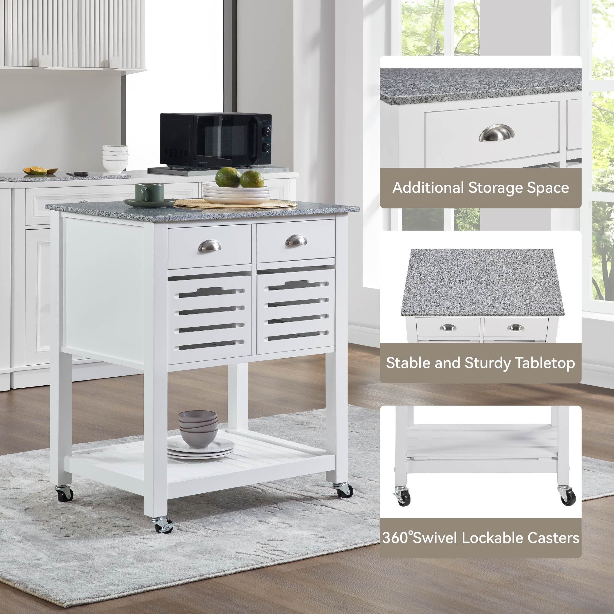 Mobile Kitchen Island with Drawers and Ventilated Bins