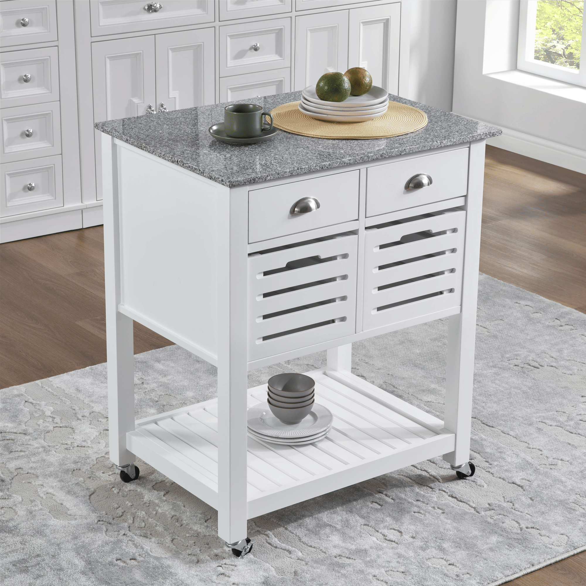 Mobile Kitchen Island with Drawers and Ventilated Bins