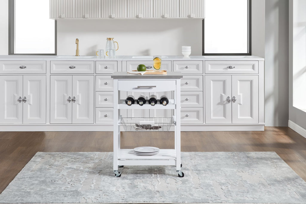 Rolling Kitchen Island with Drawer and Wire Basket