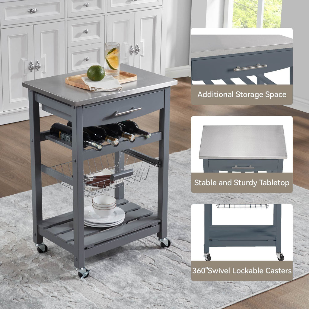 Rolling Kitchen Cart with Drawer and Wire Basket