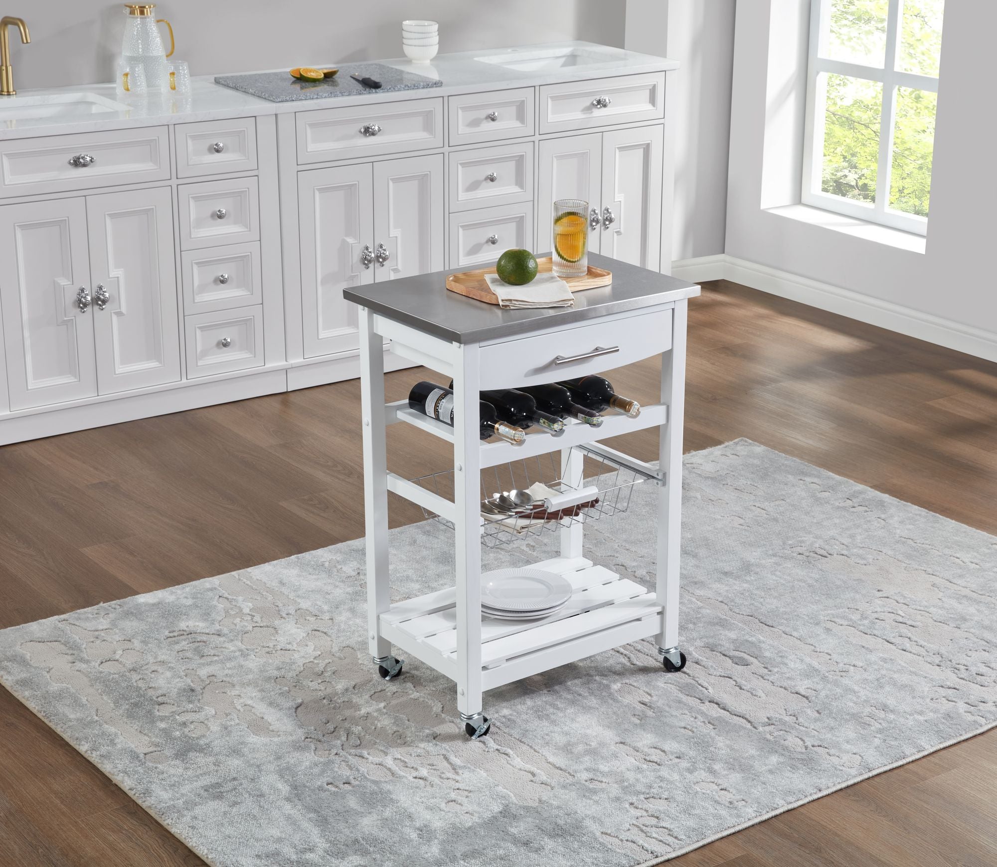 Rolling Kitchen Island with Drawer and Wire Basket