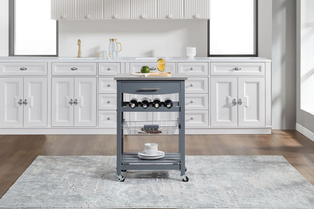 Rolling Kitchen Cart with Drawer and Wire Basket