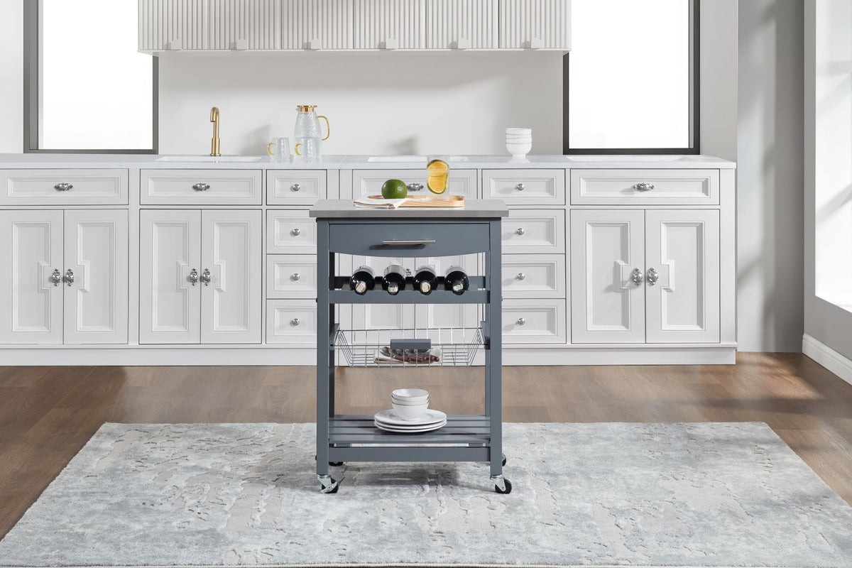 Rolling Kitchen Cart with Drawer and Wire Basket