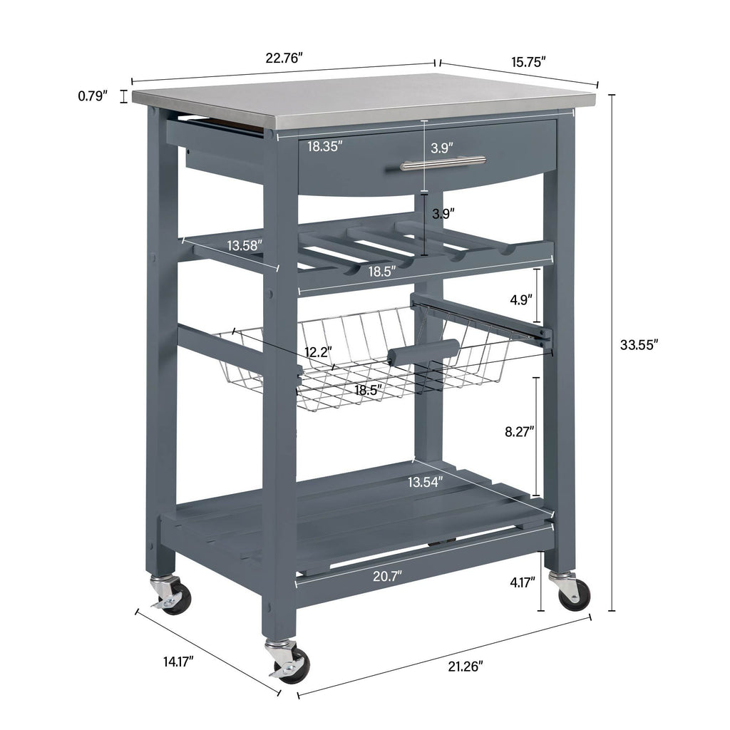 Rolling Kitchen Cart with Drawer and Wire Basket