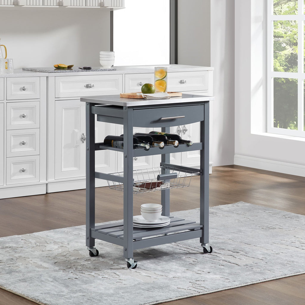 Rolling Kitchen Cart with Drawer and Wire Basket