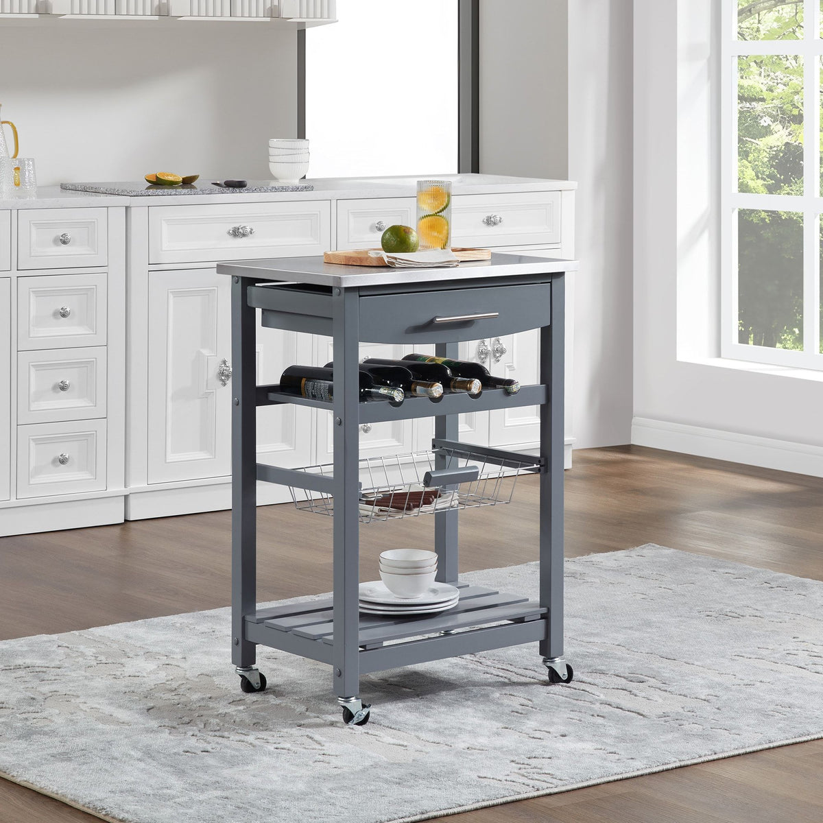 Rolling Kitchen Cart with Drawer and Wire Basket