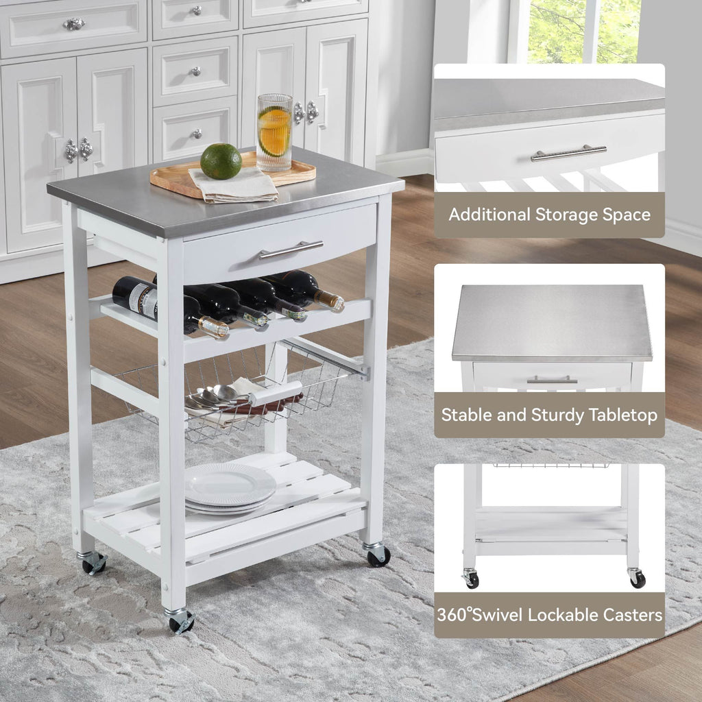 Rolling Kitchen Island with Drawer and Wire Basket