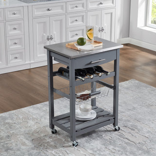Rolling Kitchen Cart with Drawer and Wire Basket