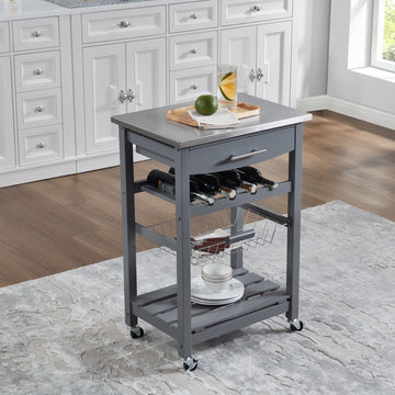Rolling Kitchen Cart with Drawer and Wire Basket