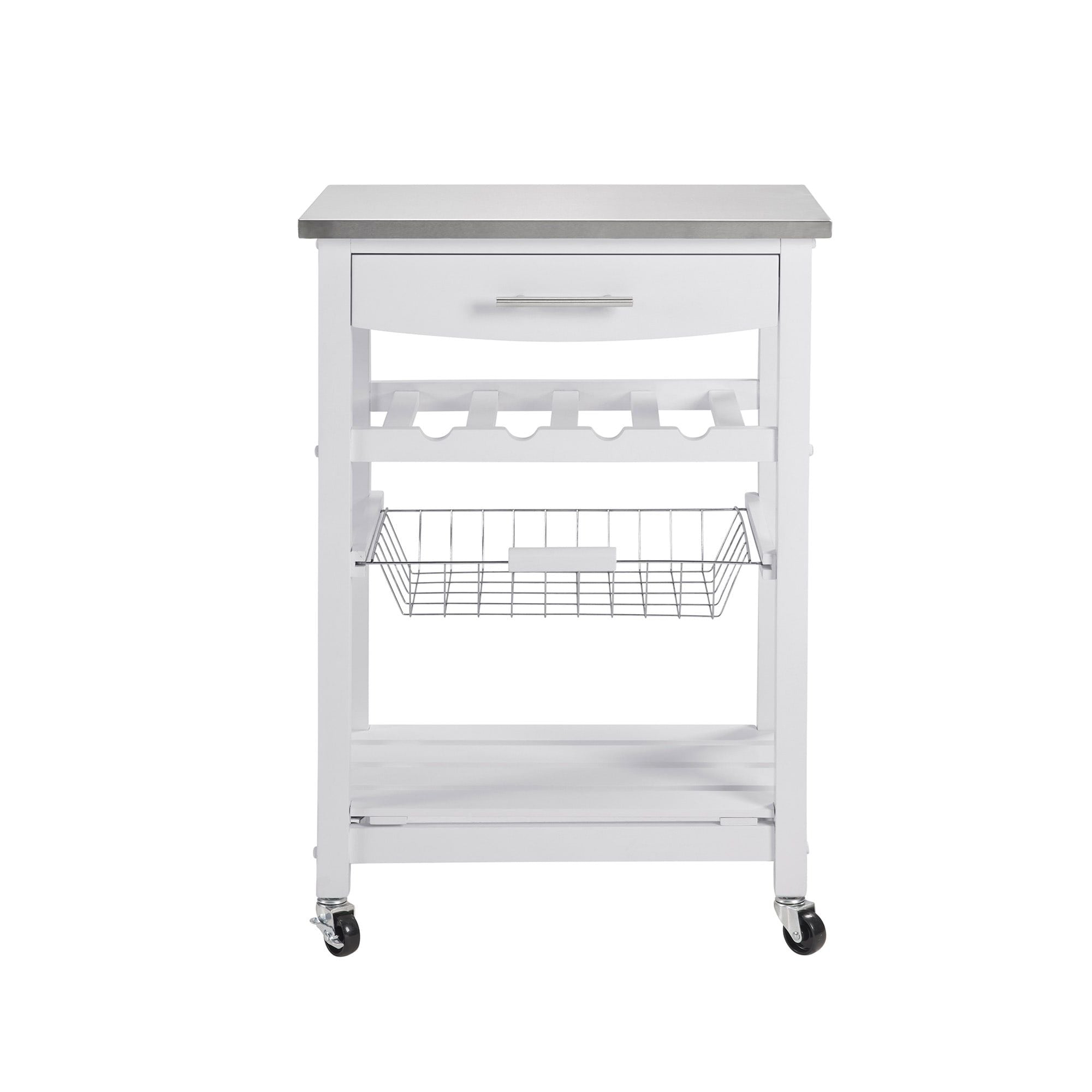 Rolling Kitchen Island with Drawer and Wire Basket