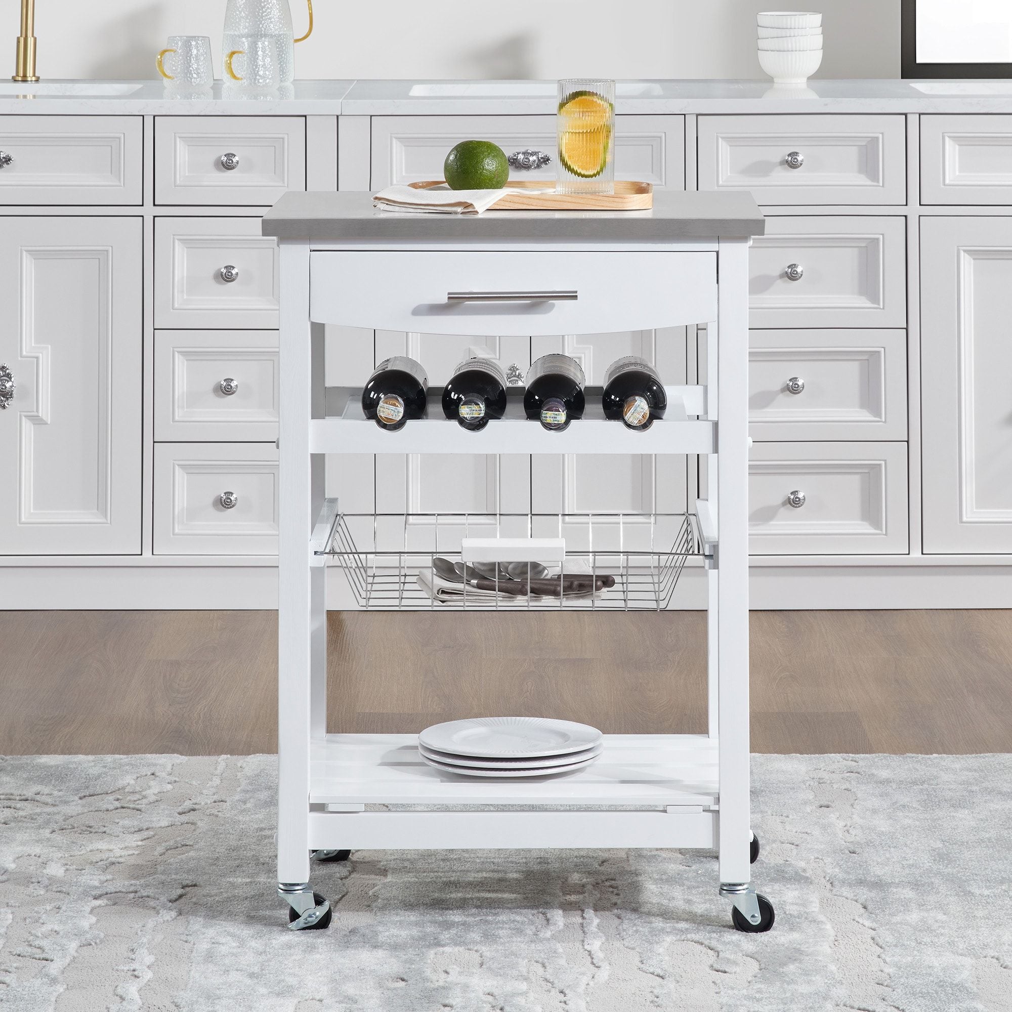 Rolling Kitchen Island with Drawer and Wire Basket