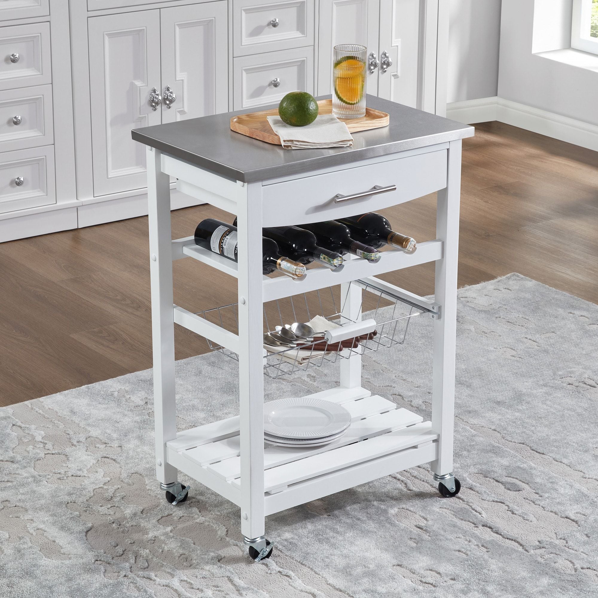 Rolling Kitchen Island with Drawer and Wire Basket