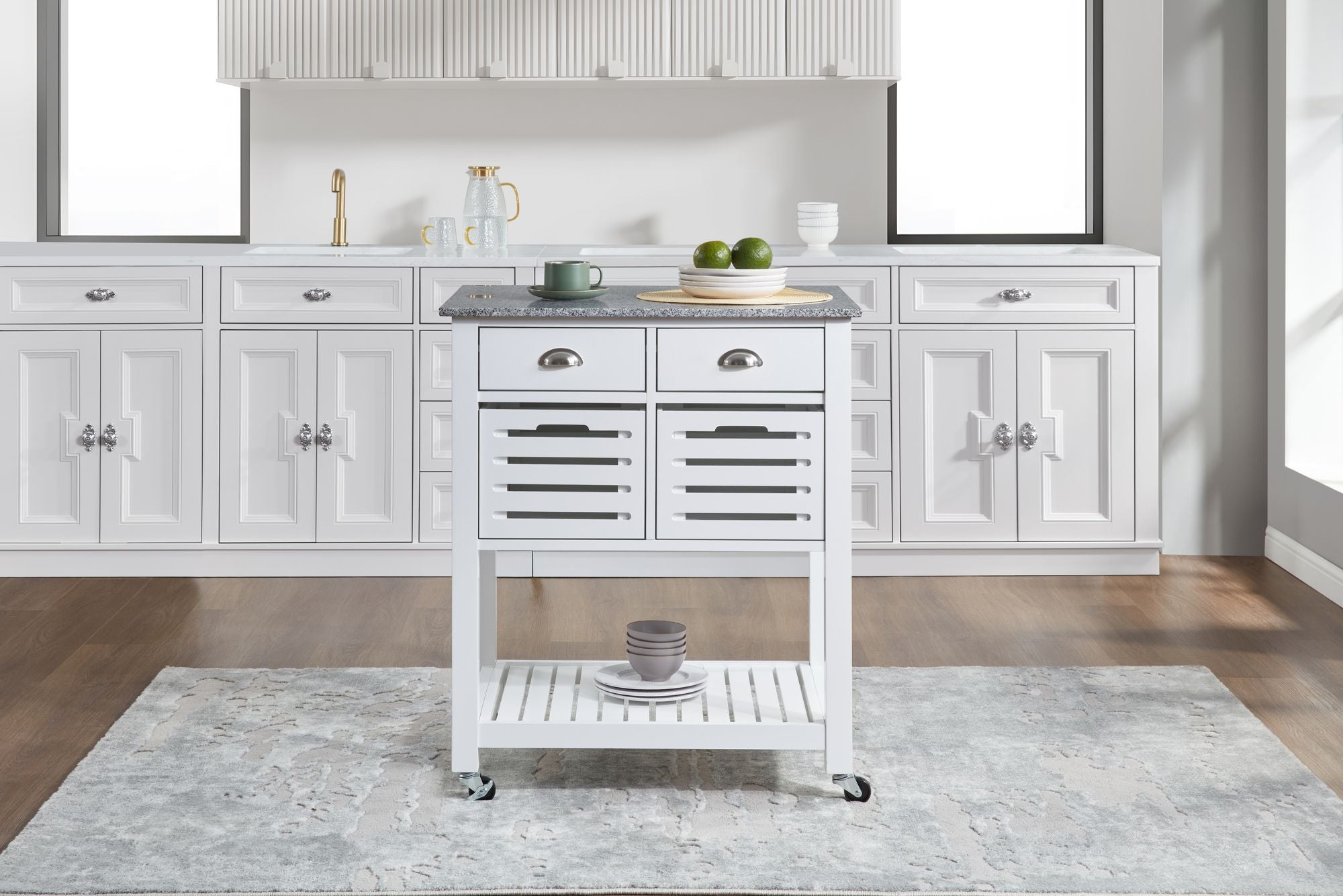 Mobile Kitchen Island with Drawers and Ventilated Bins