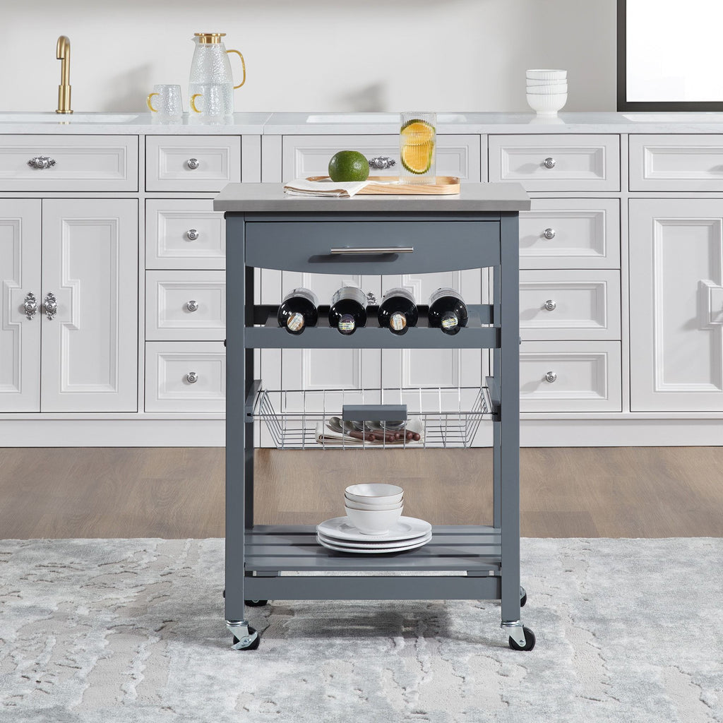 Rolling Kitchen Cart with Drawer and Wire Basket