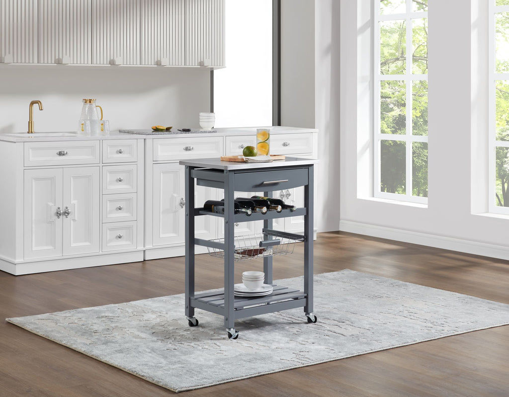 Rolling Kitchen Cart with Drawer and Wire Basket