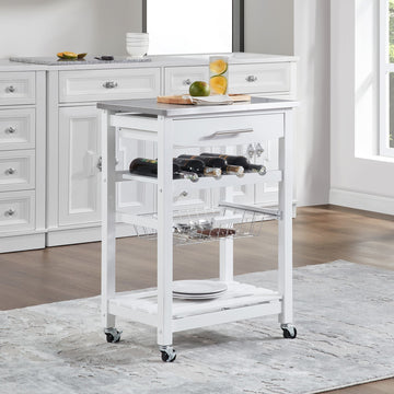 Rolling Kitchen Island with Drawer and Wire Basket