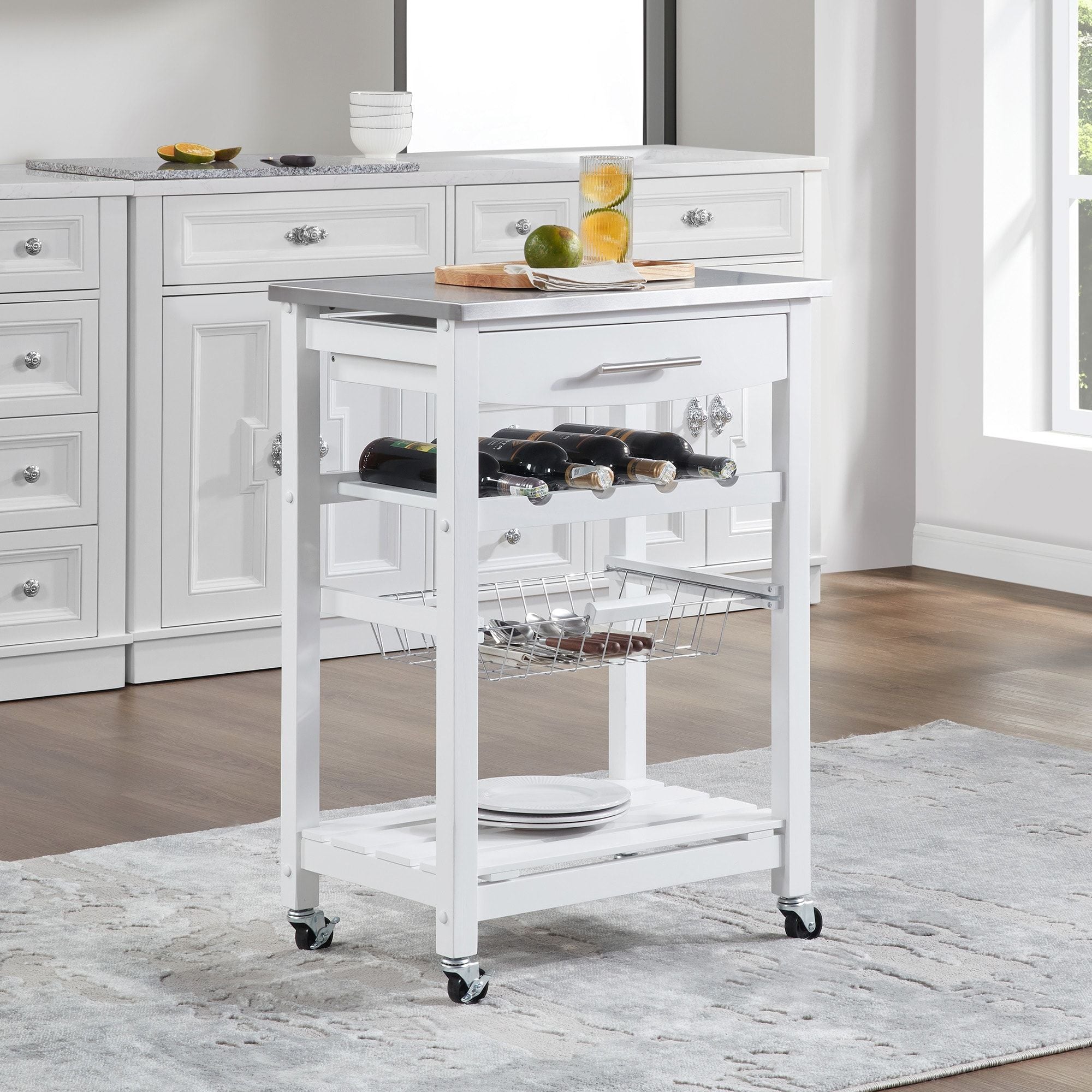 Rolling Kitchen Island with Drawer and Wire Basket