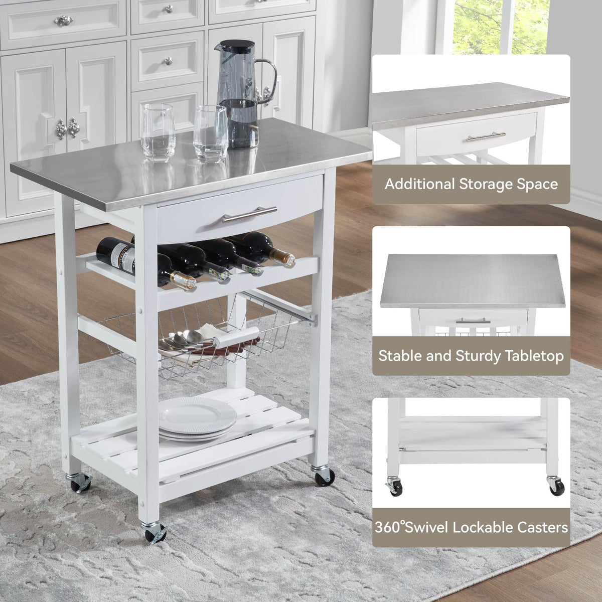 Mobile Kitchen Island with Drawer and Rolling Storage
