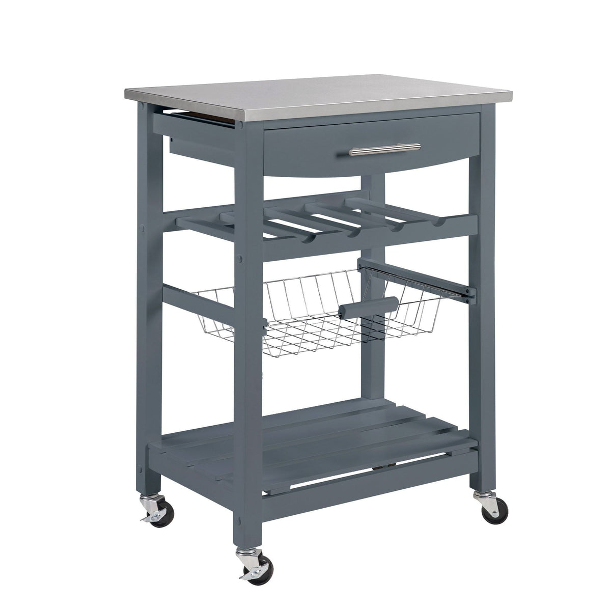 Rolling Kitchen Cart with Drawer and Wire Basket