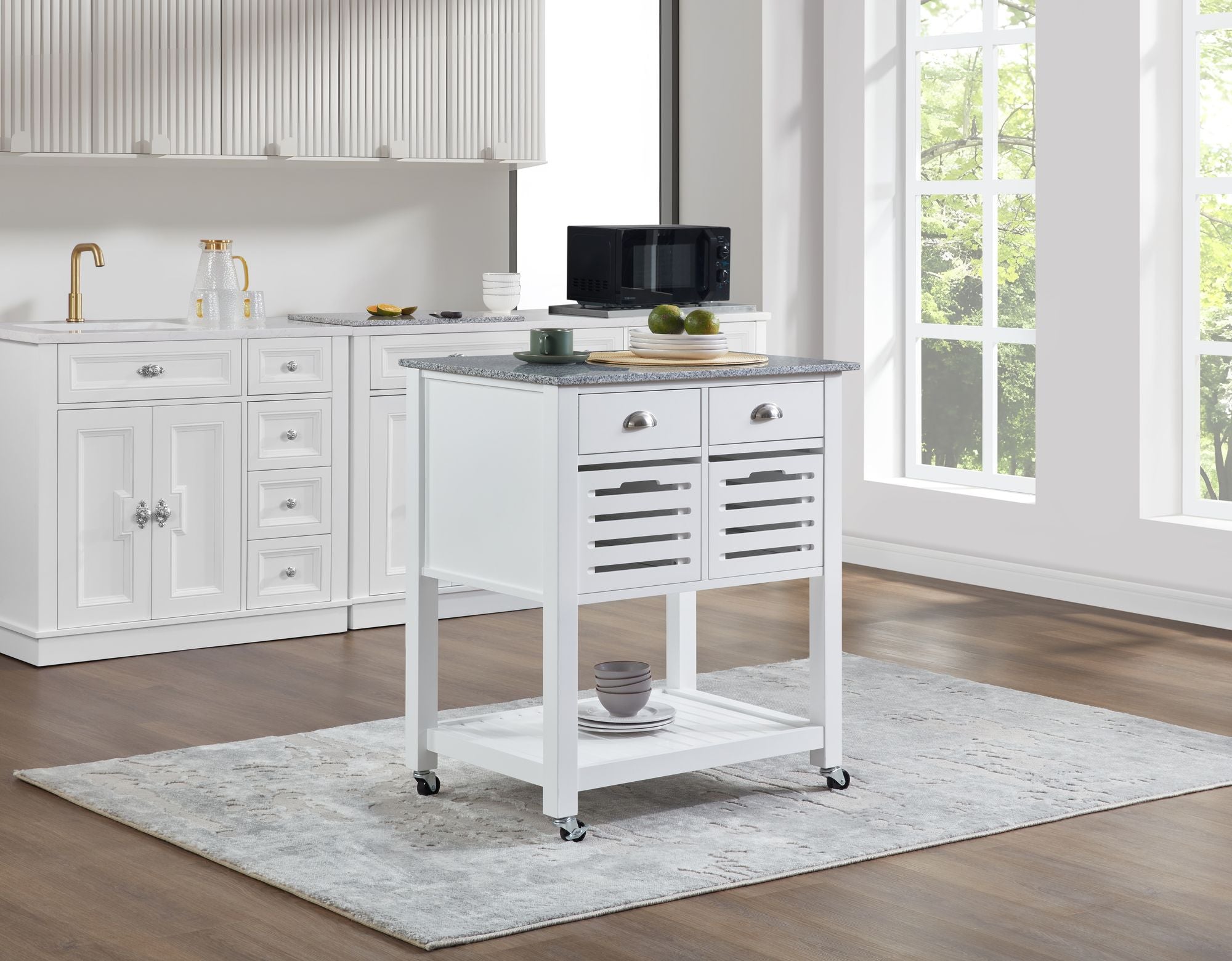 Mobile Kitchen Island with Drawers and Ventilated Bins