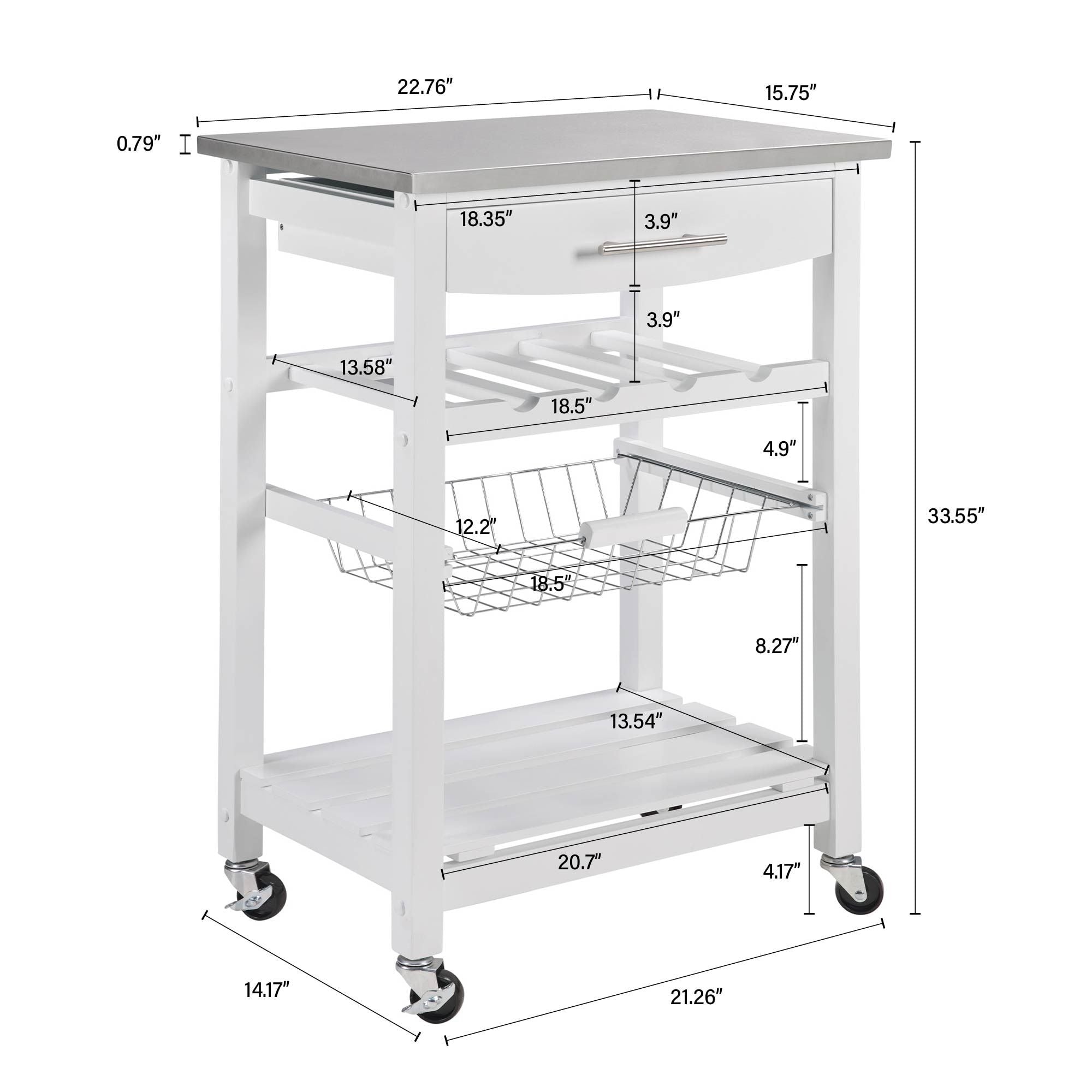 Rolling Kitchen Island with Drawer and Wire Basket