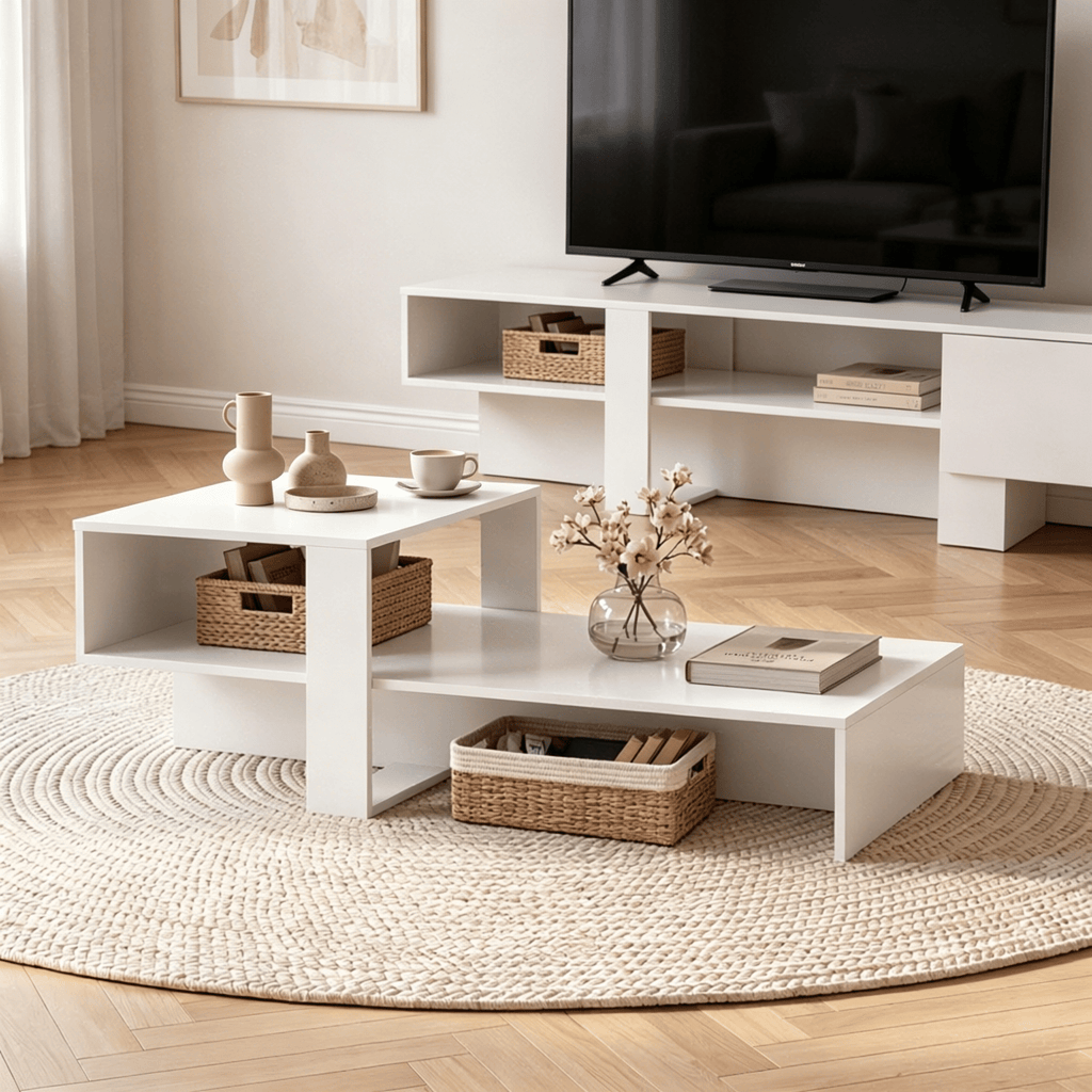 Modern 2-Tier Coffee Table Irregular Center Table with Open Storage Shelf for Living Room