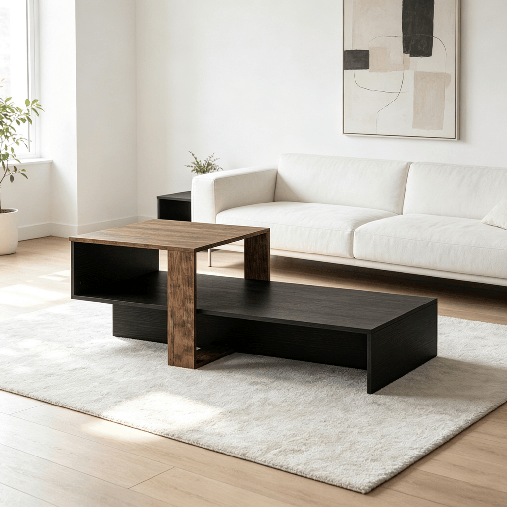 Modern 2-Tier Coffee Table Irregular Center Table with Open Storage Shelf for Living Room