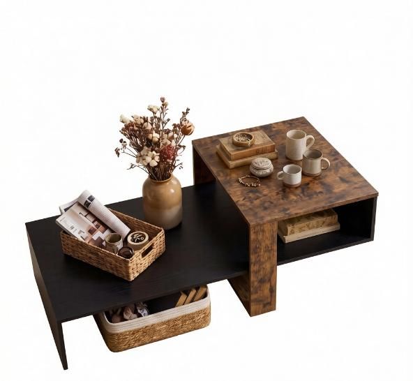 Modern 2-Tier Coffee Table Irregular Center Table with Open Storage Shelf for Living Room