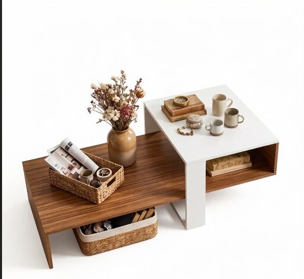 Modern 2-Tier Coffee Table Irregular Center Table with Open Storage Shelf for Living Room