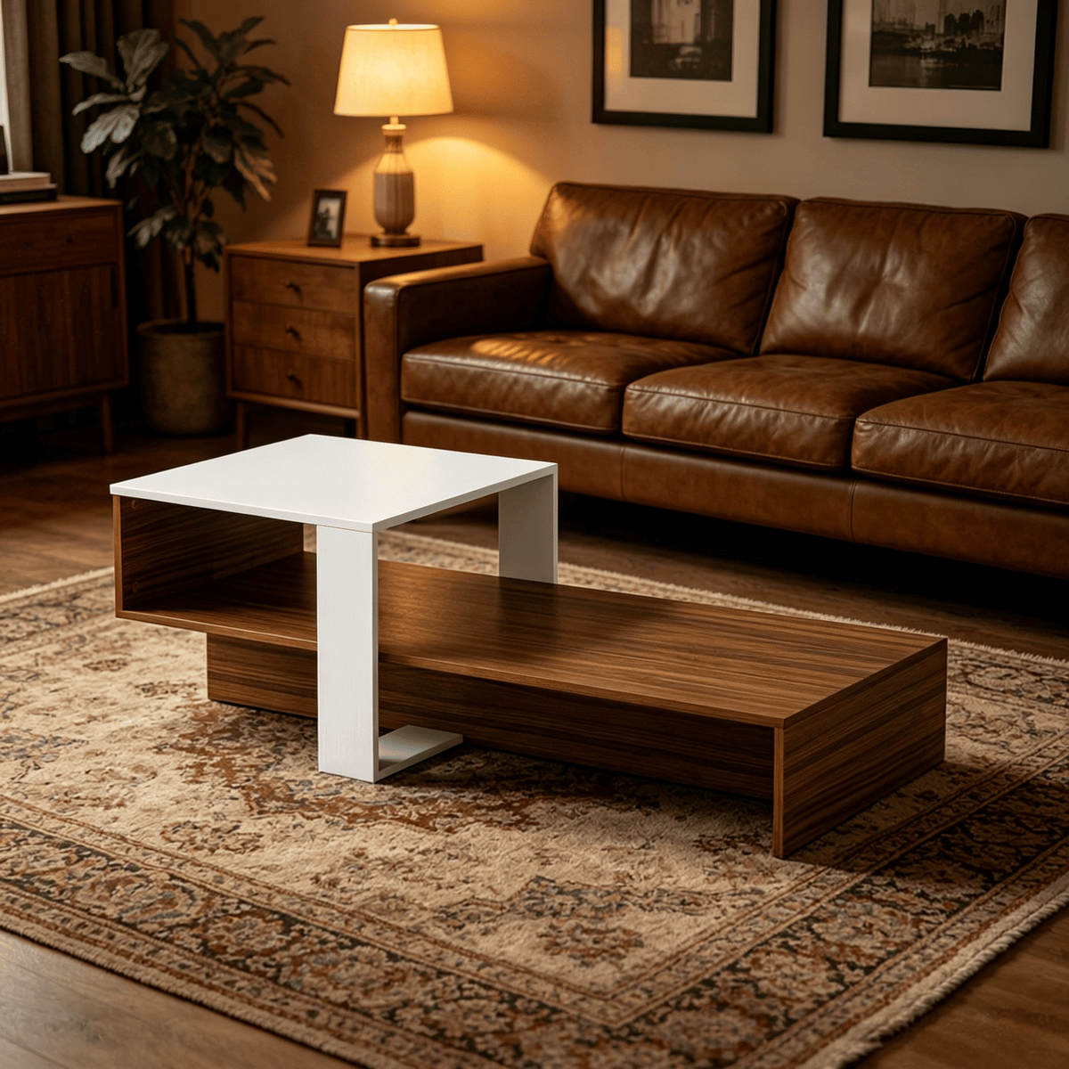 Modern 2-Tier Coffee Table Irregular Center Table with Open Storage Shelf for Living Room