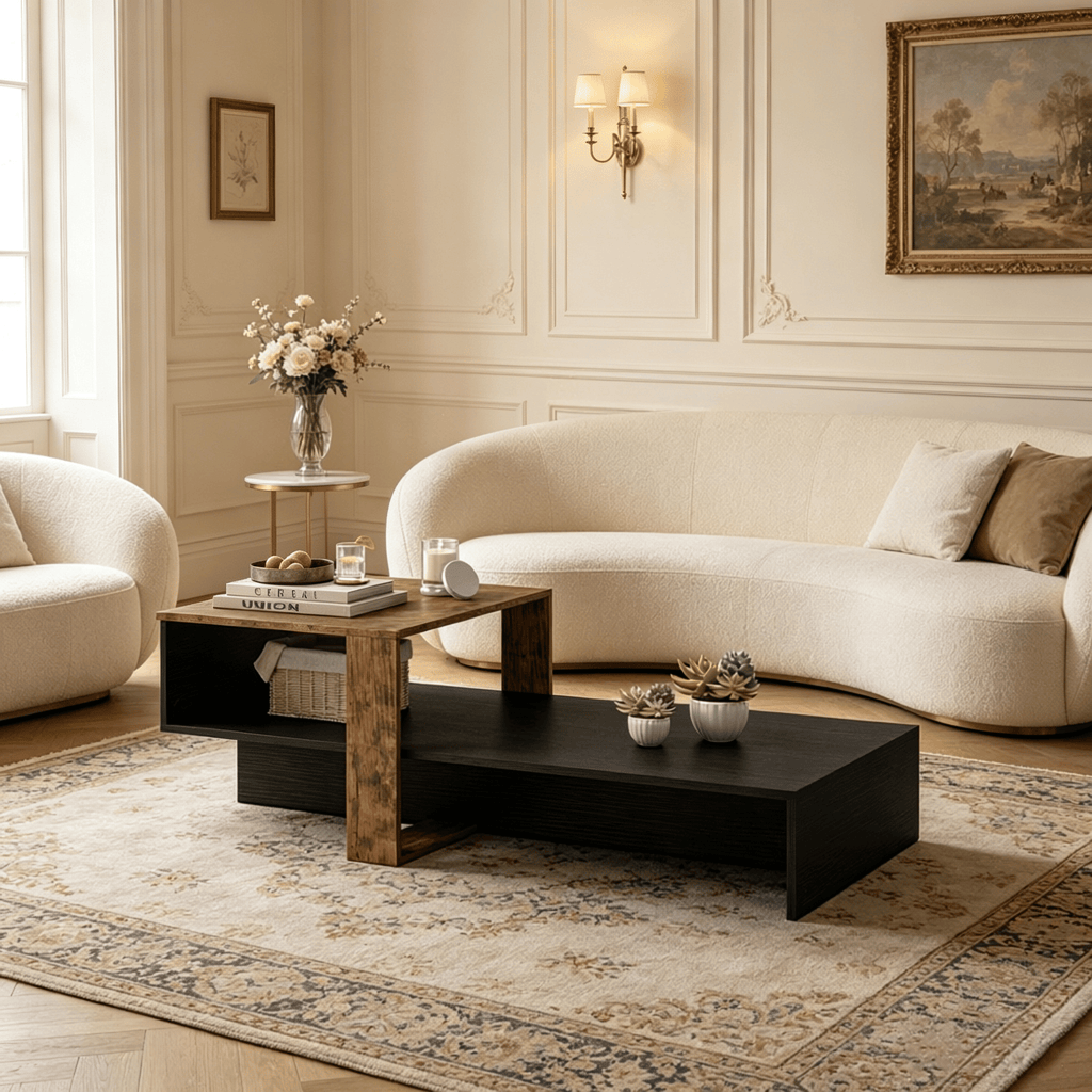 Modern 2-Tier Coffee Table Irregular Center Table with Open Storage Shelf for Living Room