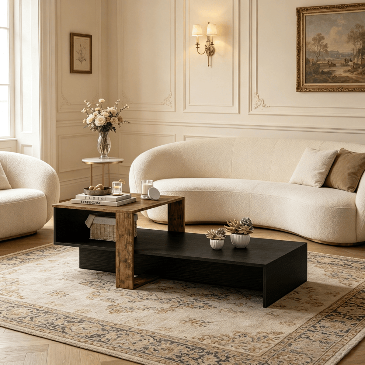 Modern 2-Tier Coffee Table Irregular Center Table with Open Storage Shelf for Living Room