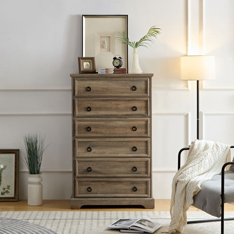 Modern Six-Drawer Tall Dresser with Textured Borders