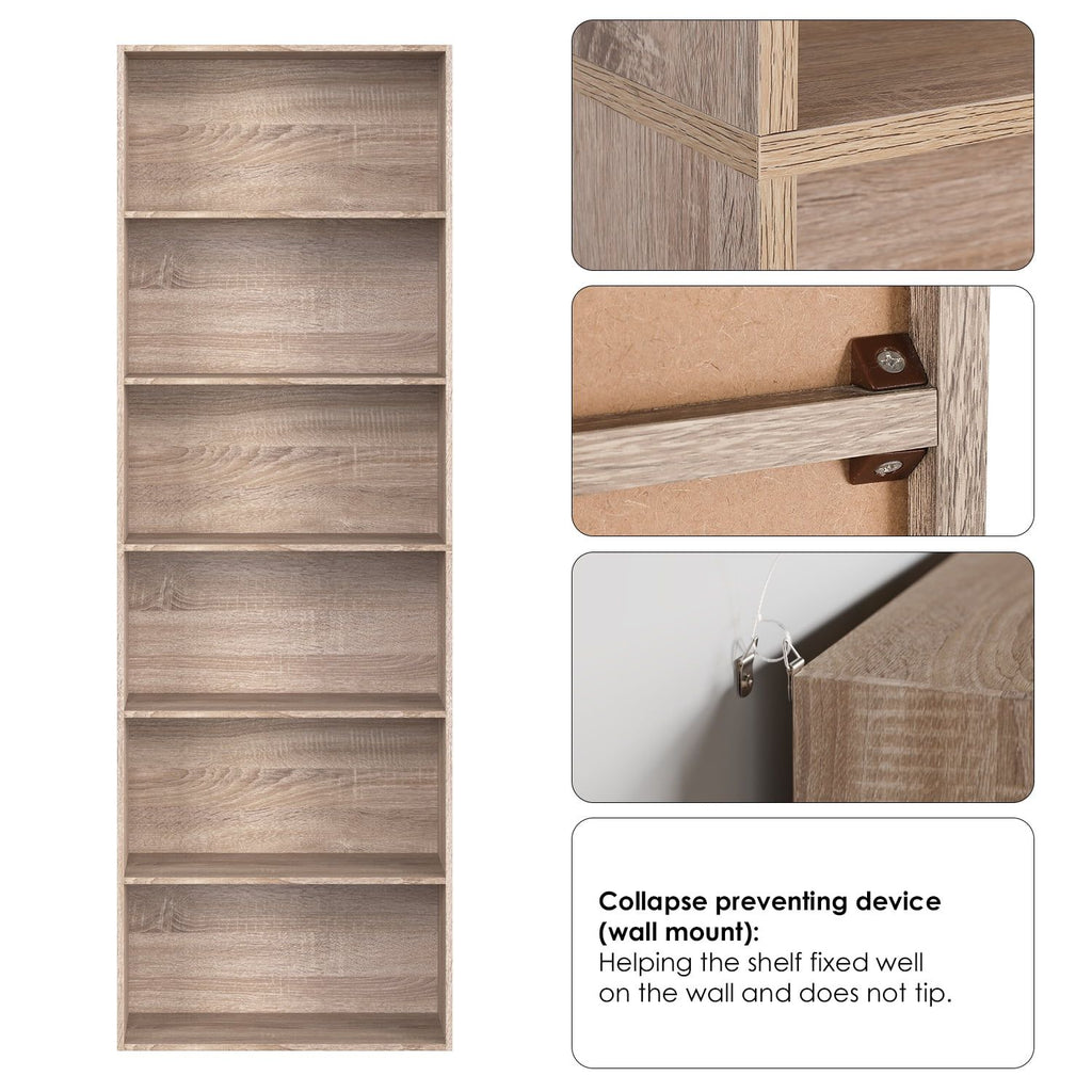 Modern 6-Tier Bookshelf, Tall Bookcase Wood Free Standing Shelving Unit for Office