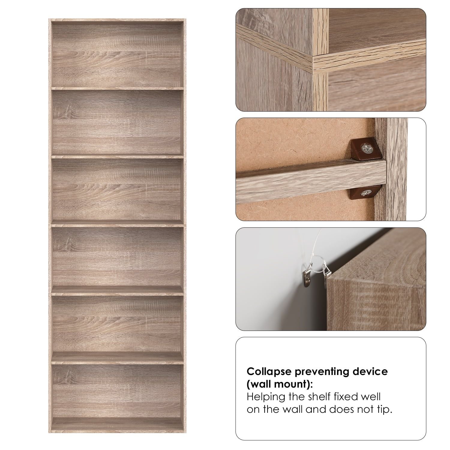 Modern 6-Tier Bookshelf, Tall Bookcase Wood Free Standing Shelving Unit for Office