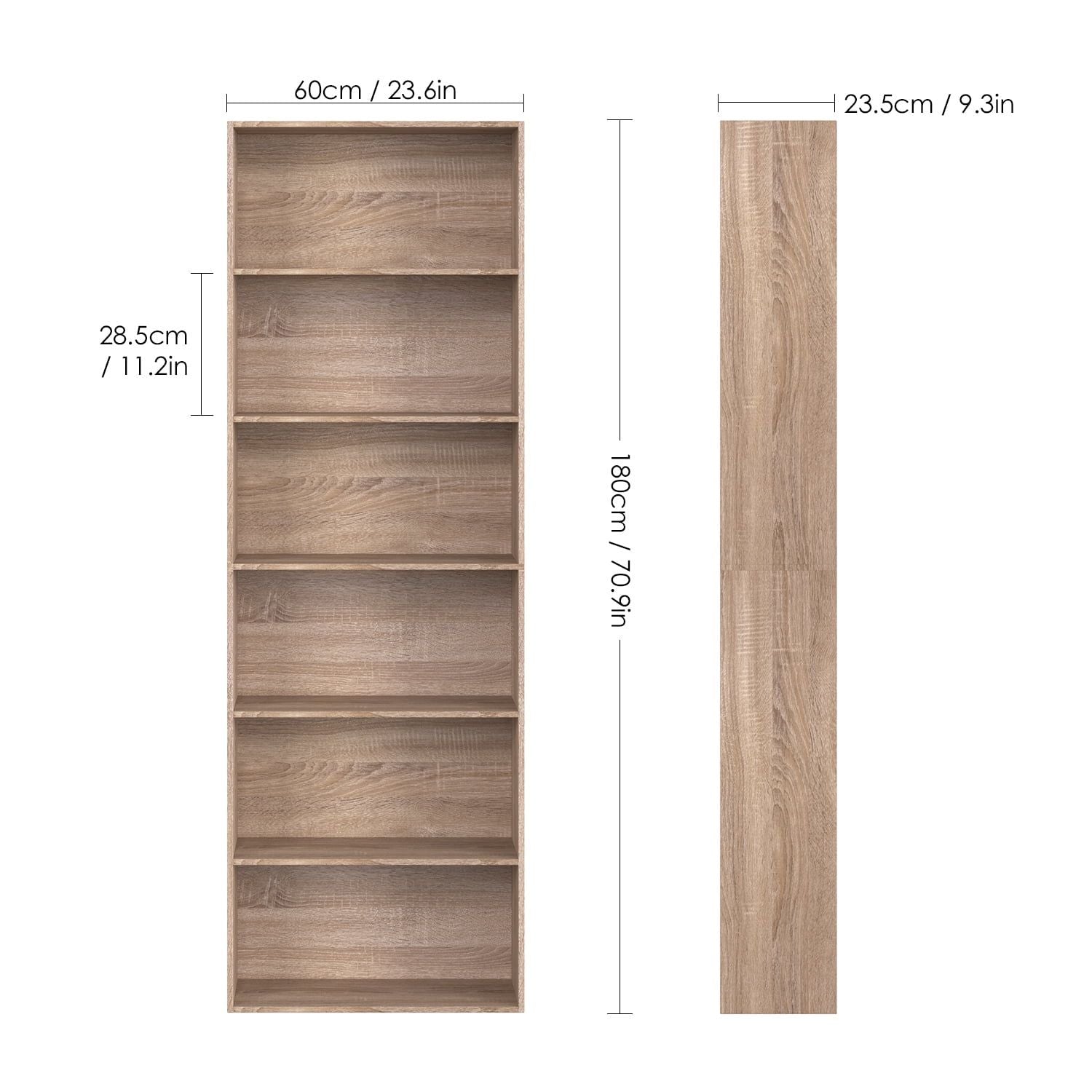Modern 6-Tier Bookshelf, Tall Bookcase Wood Free Standing Shelving Unit for Office
