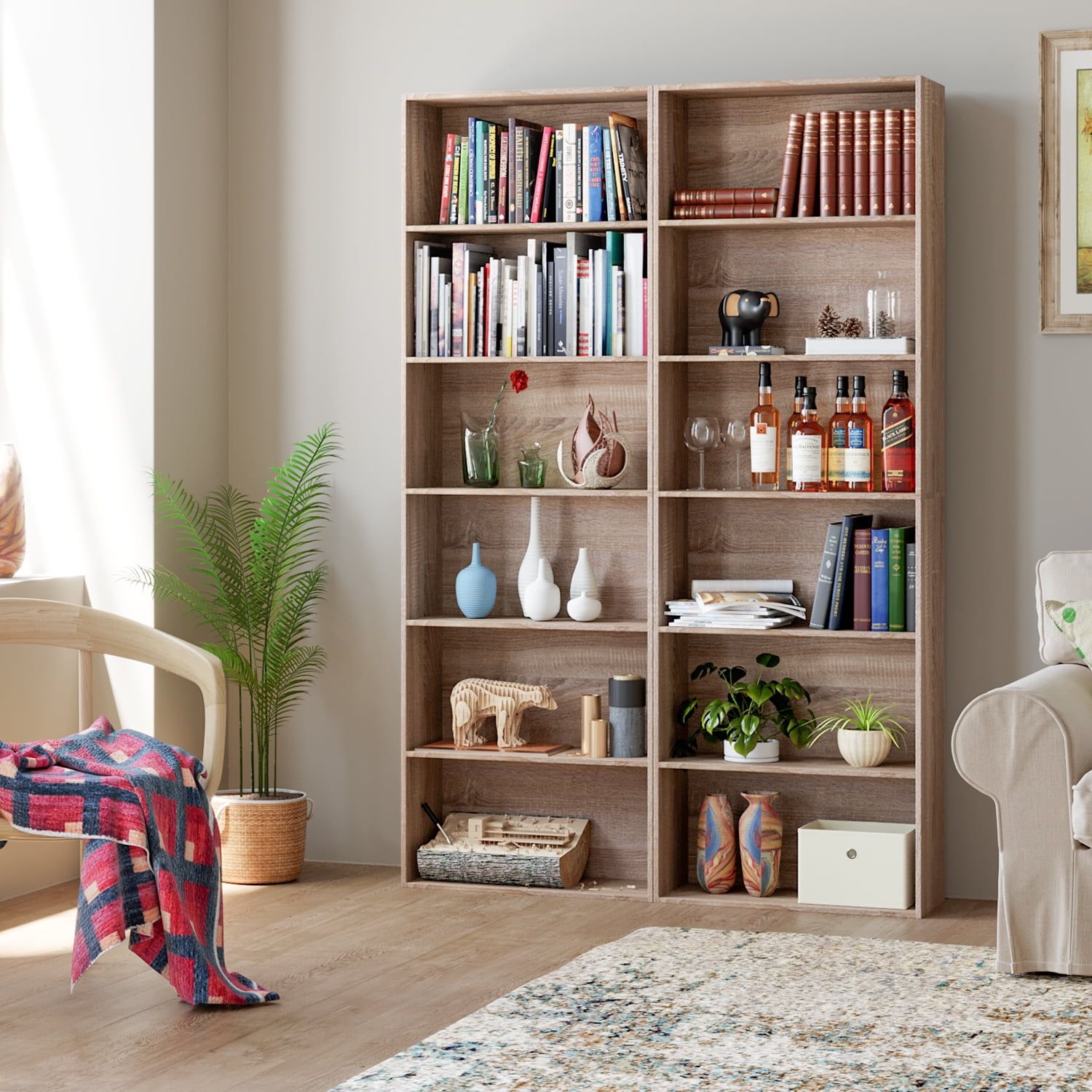 Modern 6-Tier Bookshelf, Tall Bookcase Wood Free Standing Shelving Unit for Office