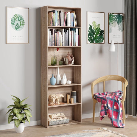 Modern 6-Tier Bookshelf, Tall Bookcase Wood Free Standing Shelving Unit for Office