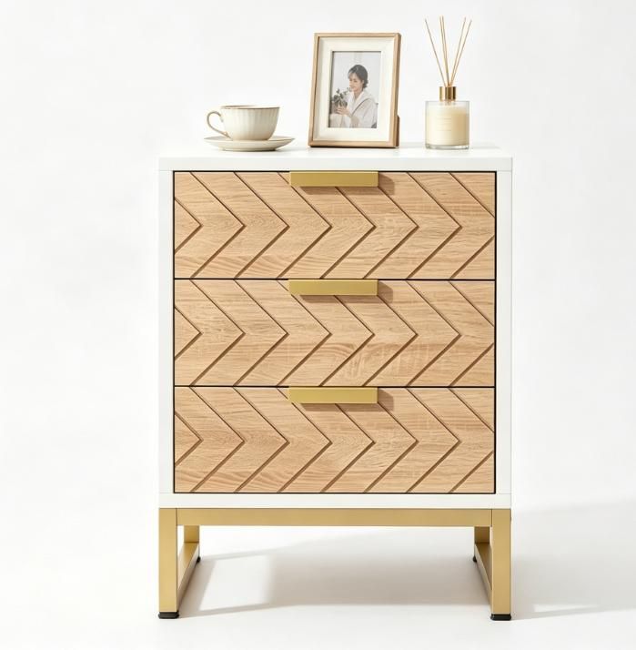 White and Gold Three-Drawer Modern Nightstand