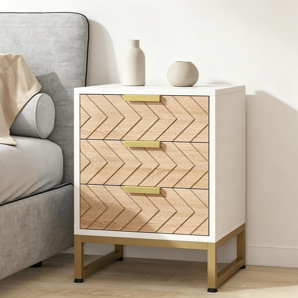 White and Gold Three-Drawer Modern Nightstand