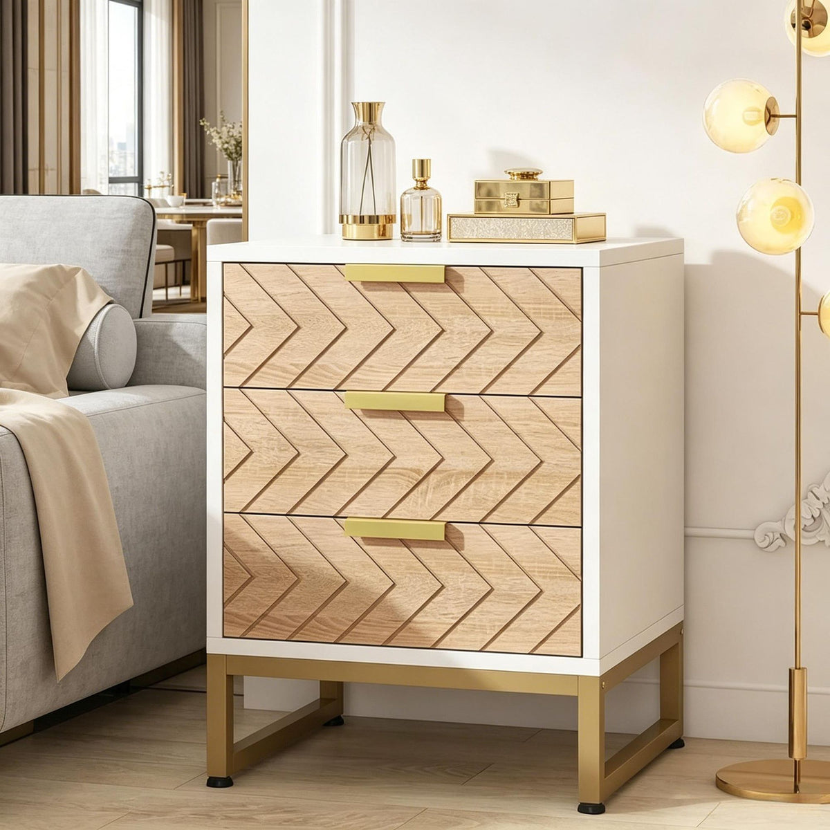 White and Gold Three-Drawer Modern Nightstand