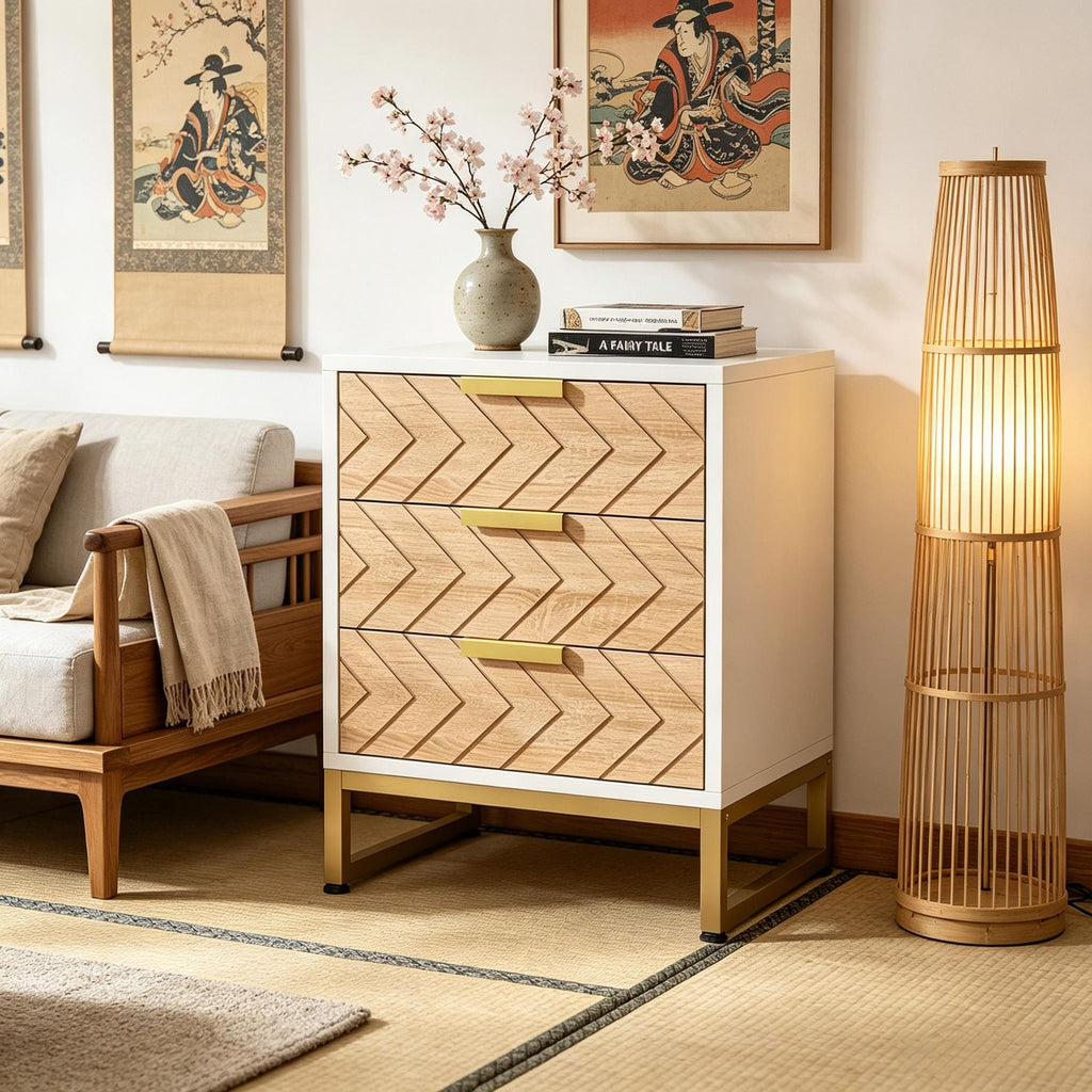 White and Gold Three-Drawer Modern Nightstand
