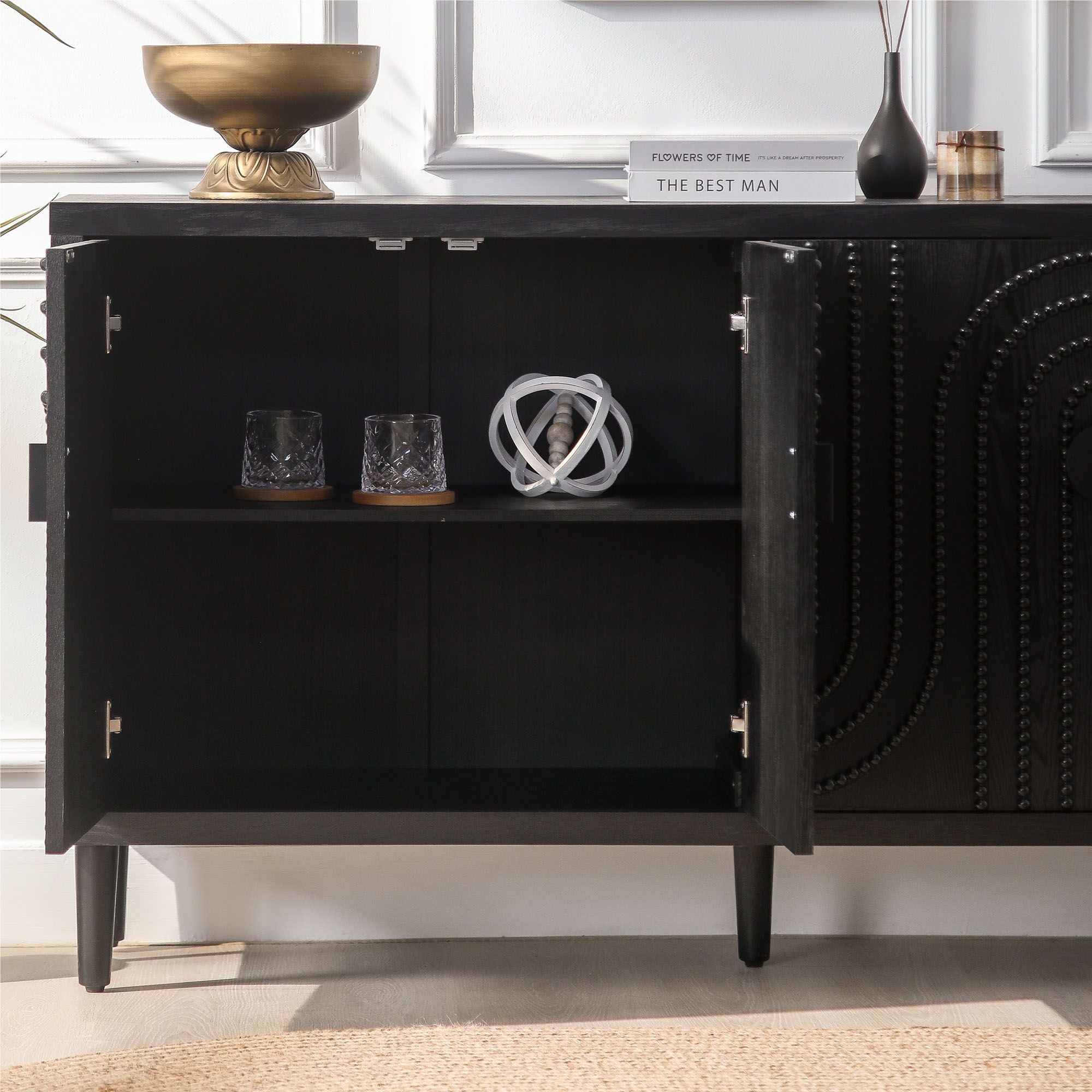 Modern Black Sideboard with Nailhead Accents - Stylish Storage for Dining & Living