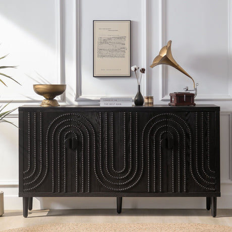 Modern Black Sideboard with Nailhead Accents - Stylish Storage for Dining & Living