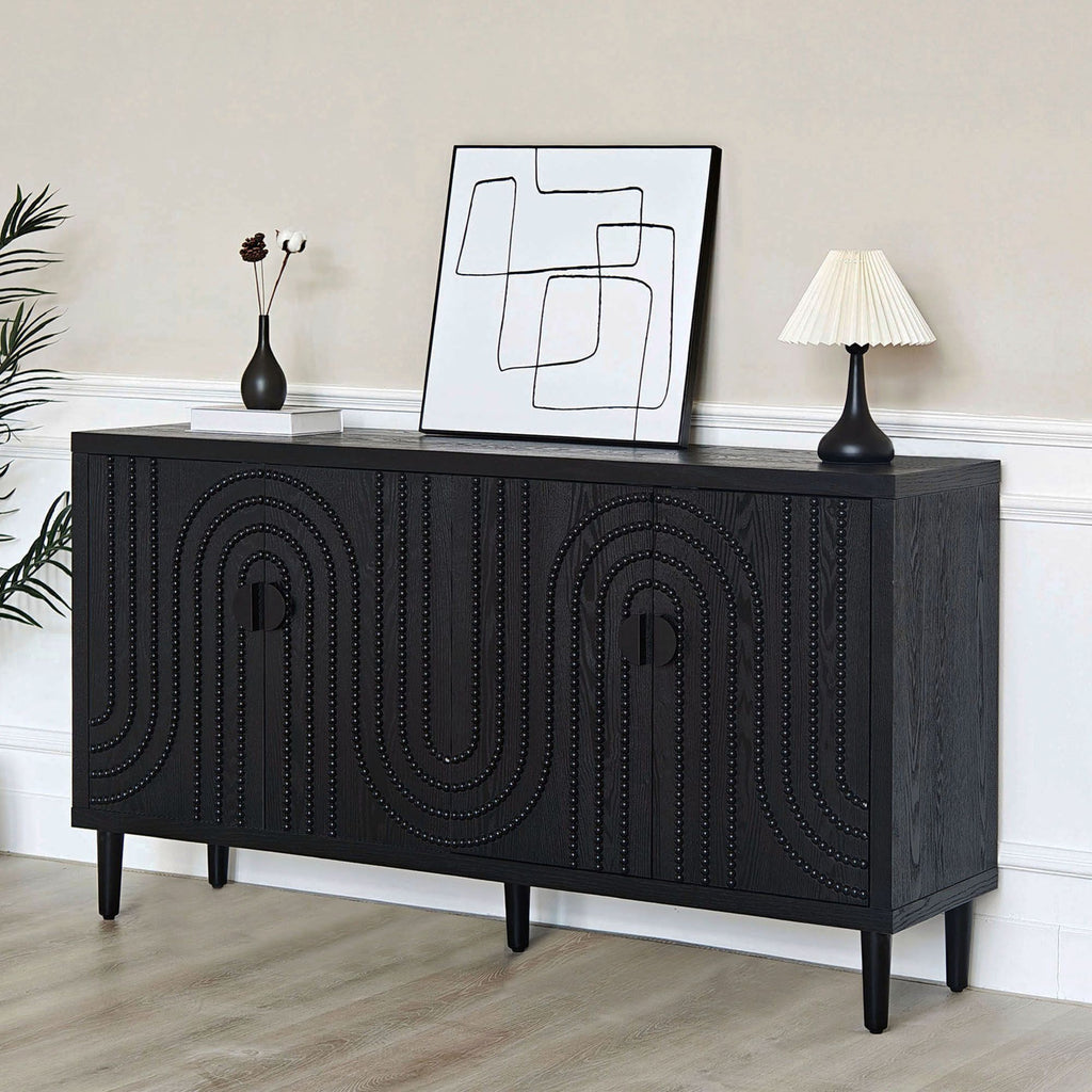 Modern Black Sideboard with Nailhead Accents - Stylish Storage for Dining & Living